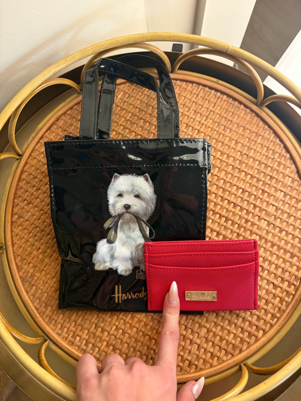 Harrods Black Patent Tote with White Puppy Graphic